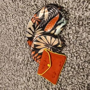 Set of 3 Small Cosmetics Purses Bags Black with Fern Print & Flowers on Red